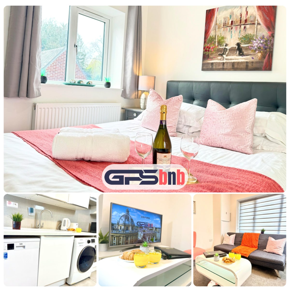 The cozy bedroom features a double bed dressed in crisp linen, complemented by decorative pillows. A bottle of wine and glasses are placed on the bedside table, alongside a window letting in natural light. The living area includes a sofa, modern decor, and a screened TV area.