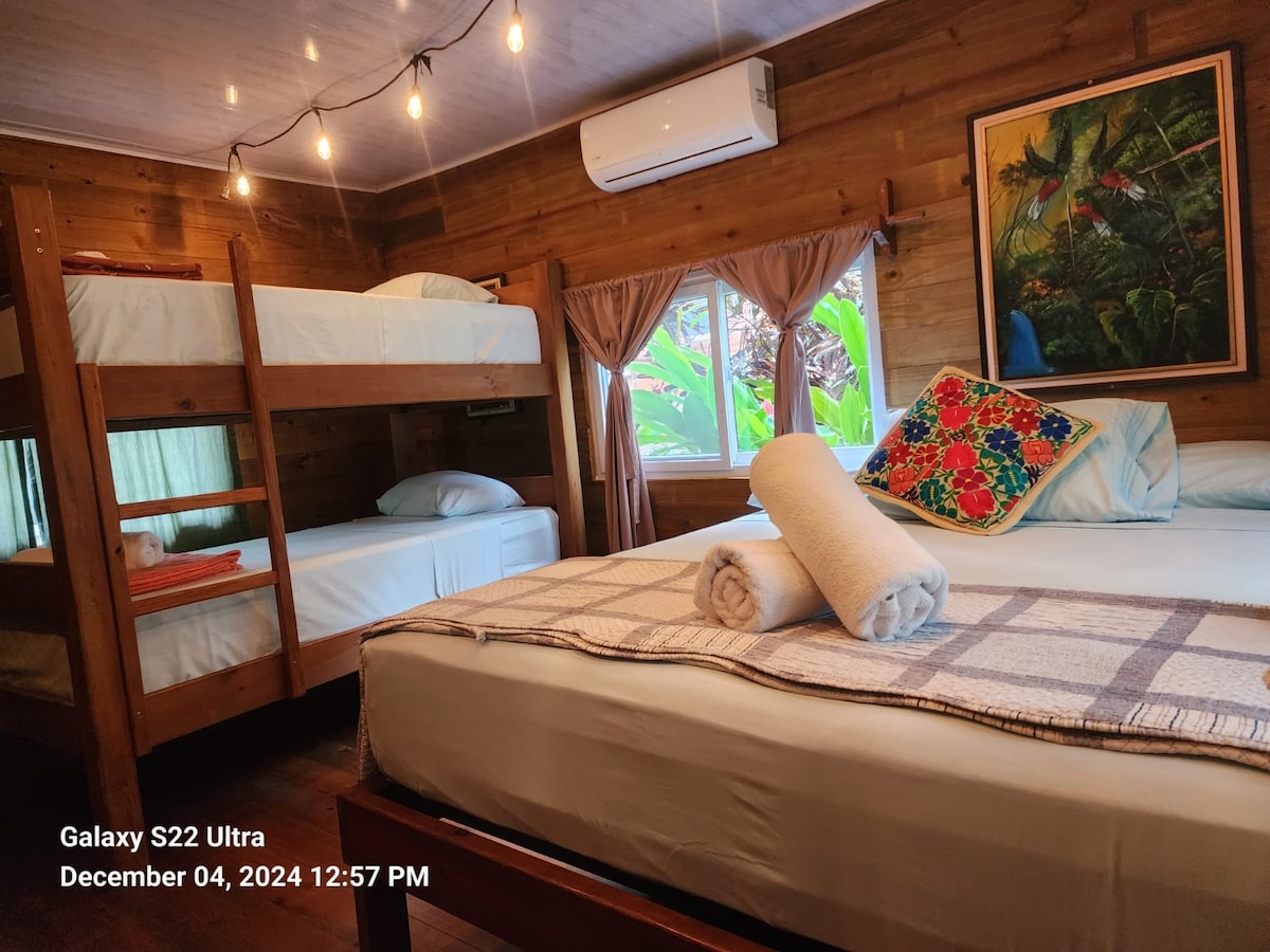 Chumba chetu cha mbao kinatoa mapumziko yenye amani na uchangamfu. Shuka la starehe, taulo, hanger ya nguo za mbao, sehemu nzuri. Kitanda cha ukubwa wa malkia na kitanda kimoja cha ghorofa.