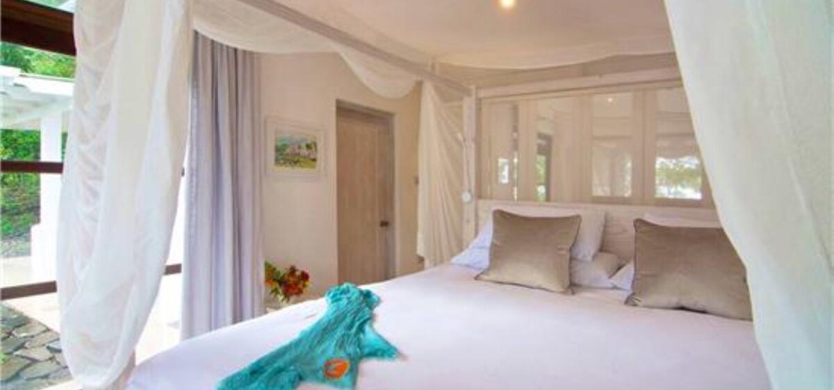 A serene bedroom features a spacious bed draped with sheer white curtains. Soft, neutral-colored pillows complement the bedding. Light filters in from large windows, creating a calming ambiance. A tasteful piece of artwork and decorative plants are present, enhancing the room's tranquility.
