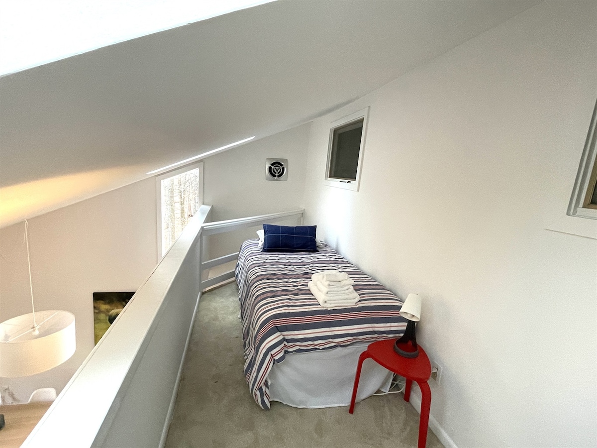 Მყუდრო ლოფტი შესანიშნავი ოთახის ზემოთ ერთი ორადგილიანი საწოლით. 