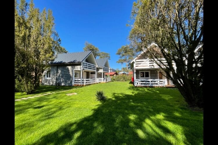 Two vacation homes are positioned in a spacious green lawn, surrounded by trees. The clear blue sky provides a bright backdrop for the houses, which feature white railings and a charming architectural design. Well-maintained grass adds to the inviting outdoor space.