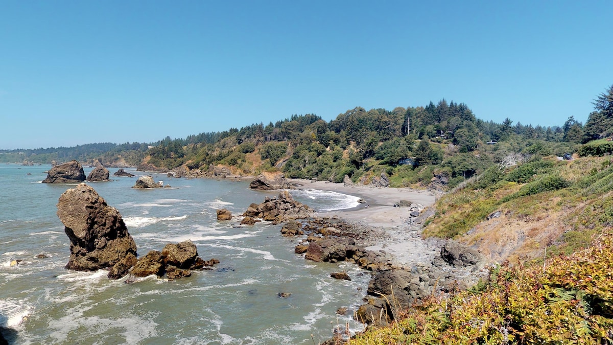 A coastal landscape depicting a rocky shoreline with gentle waves lapping at the pebbled beach. Lush greenery covers the hillside, while distant trees create a natural backdrop. The clear blue sky contrasts with the earthy tones of the rocks and sand, providing a tranquil seaside scene.