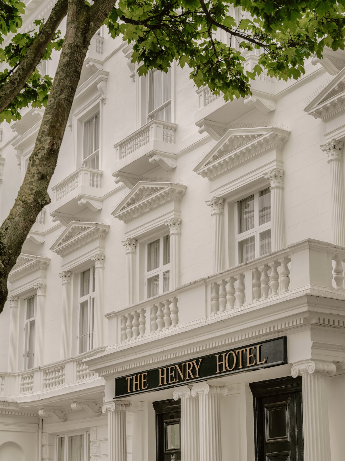 The Victorian-era façade of The Henry Hotel is presented, featuring grand white pillars and intricate balustrades. Large windows with elegant detailing allow natural light to illuminate the exterior. A tree branch is visible, adding a touch of greenery against the classic design.