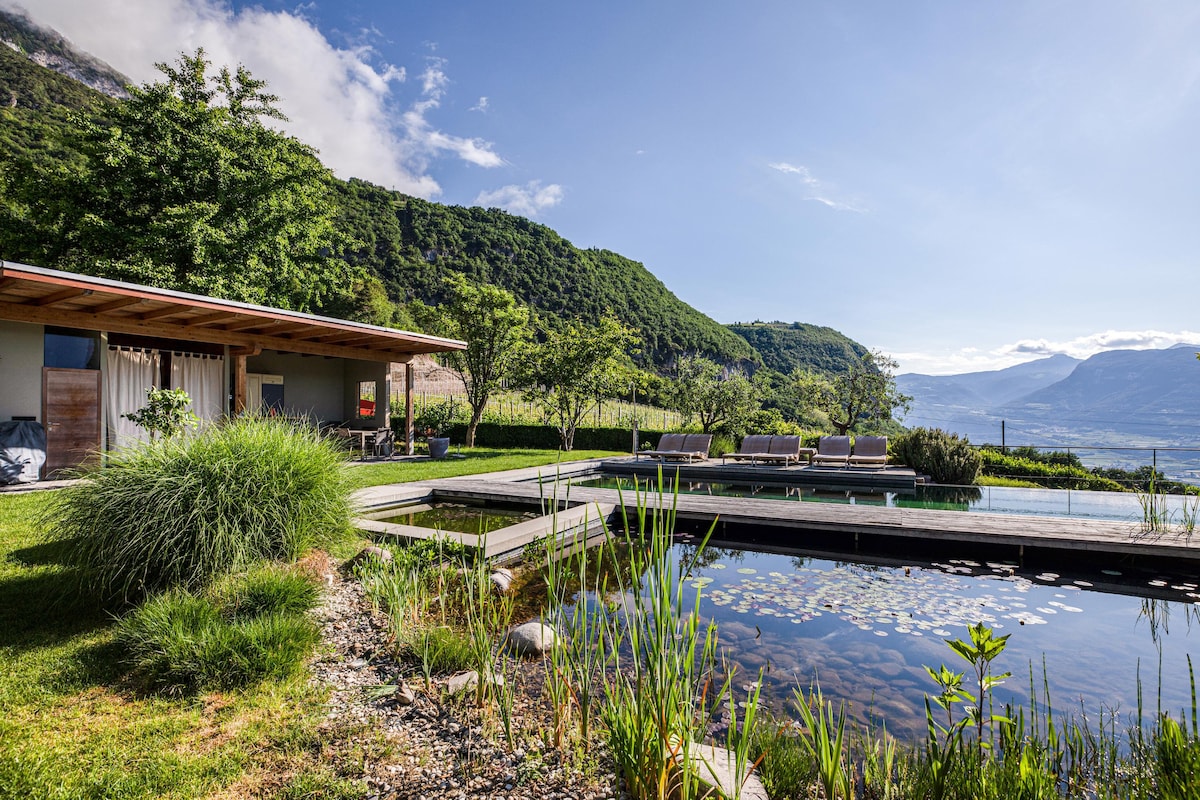 The image features a serene outdoor area showcasing a swimming pool surrounded by lush greenery and mountains. A well-kept garden with tall grasses and water features is visible. The sunlit building, with large covered terraces, offers comfortable seating, inviting relaxation while appreciating the scenic views.