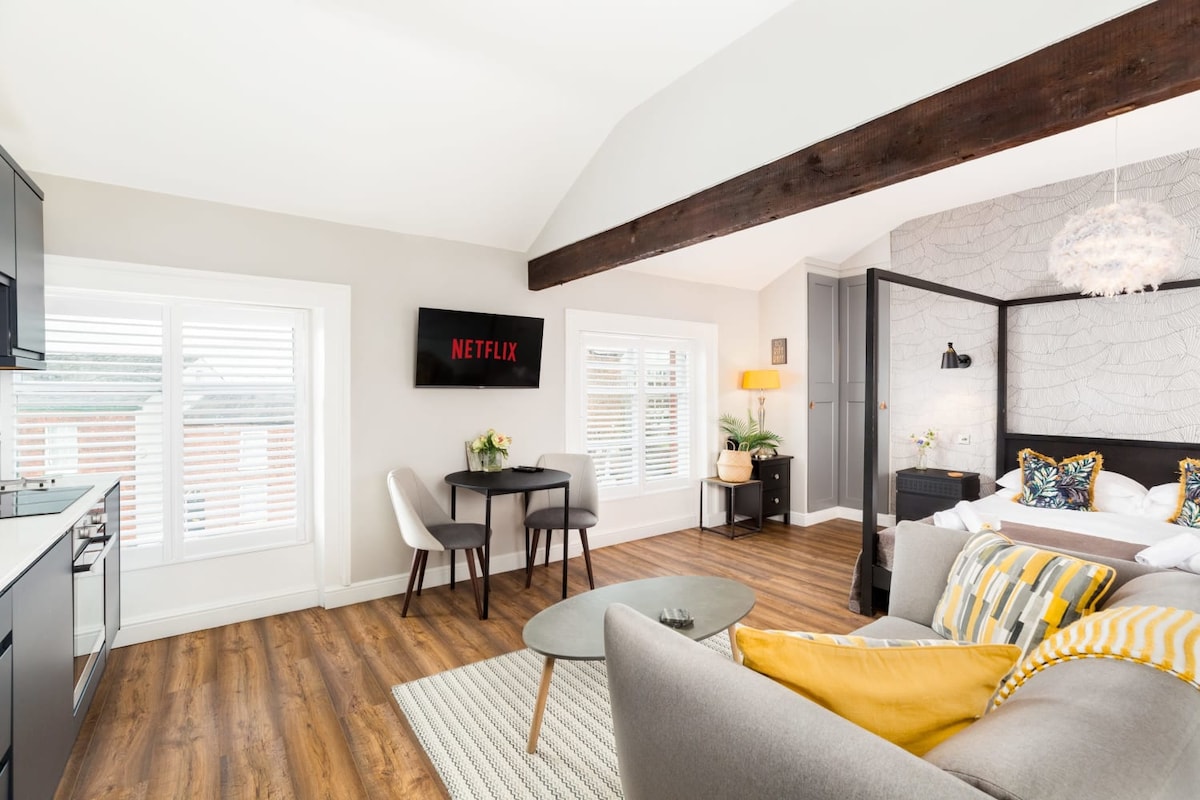 A spacious studio apartment features a comfortable seating area with a sofa, a glass coffee table, and a dining table for two. Light filtered through shuttered windows brightens the room, while a smart TV displays the Netflix logo. A stylish bed with accent pillows is visible in the background.