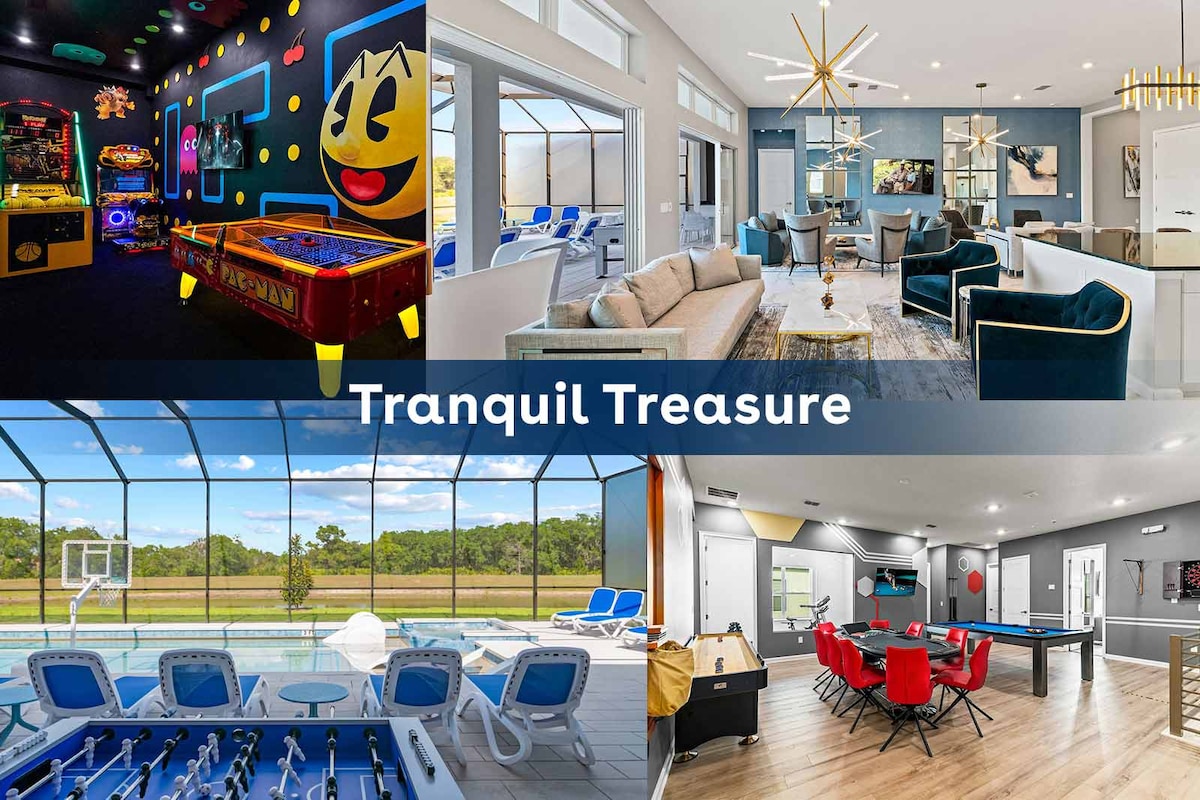 The image showcases four distinct areas of the villa: an arcade room filled with classic games, a modern great room with comfortable seating, an outdoor pool area with lounge chairs and a basketball hoop, and a game room featuring a billiards table and vibrant dining space.