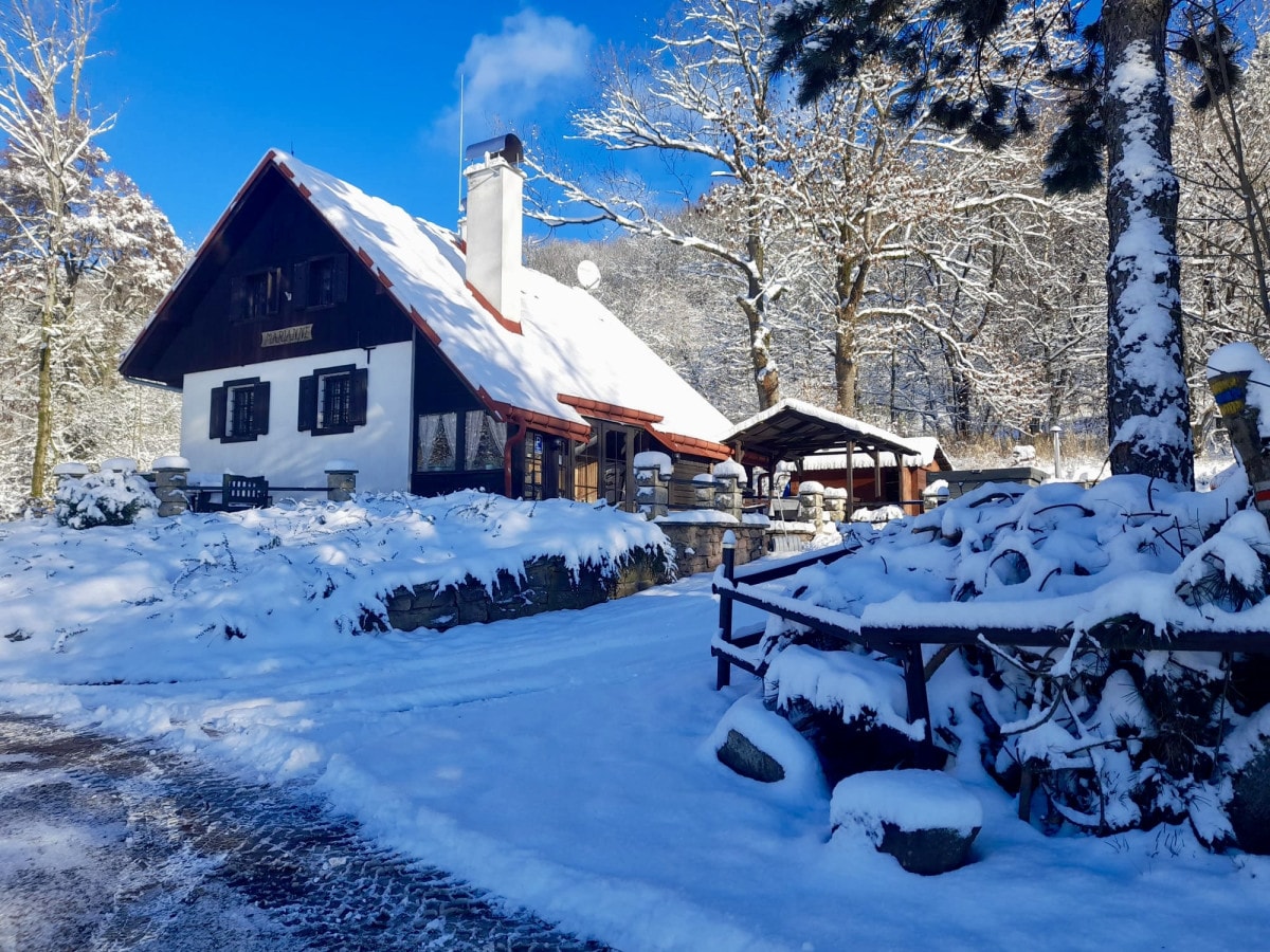The charming villa is surrounded by a serene blanket of snow, showcasing a traditional architecture with a sloped roof and a chimney. Snow-covered trees frame the property, enhancing the peaceful winter landscape, while an outdoor seating area is visible nearby.