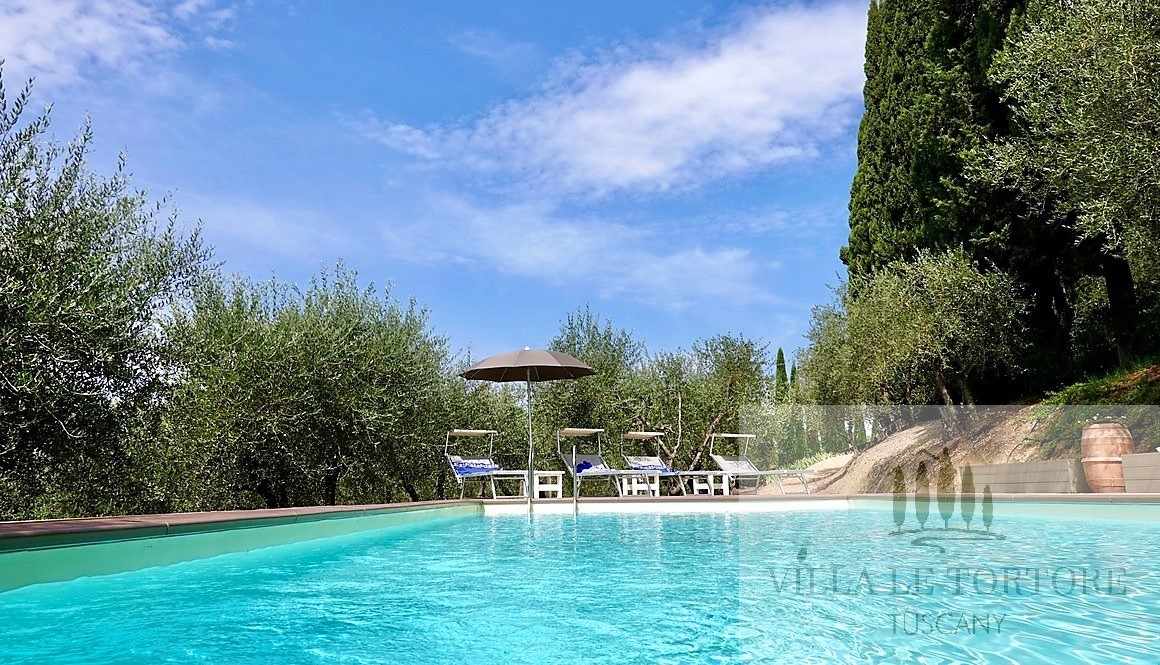 A refreshing private pool is bordered by olive trees and crafted lounge chairs, creating a serene outdoor space. A parasol provides shade, while a clear blue sky and gentle clouds complete the picturesque setting, inviting relaxation and enjoyment of the tranquil surroundings.