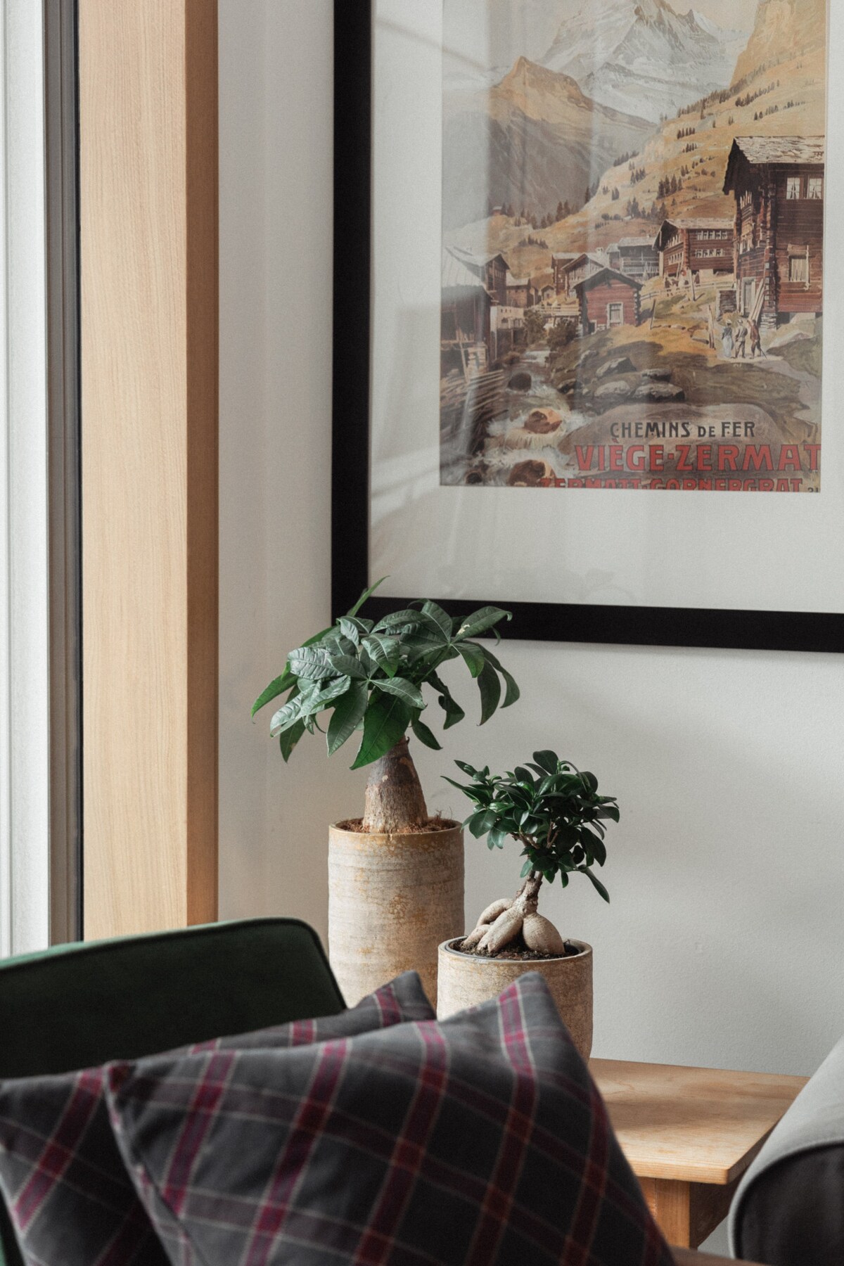 A framed vintage poster depicting mountain scenery is mounted on a wall. Below, two potted plants, one with broad leaves and the other with small leaves, are positioned on a light-colored surface. Cushions with a plaid pattern add a touch of comfort to the nearby seating area.