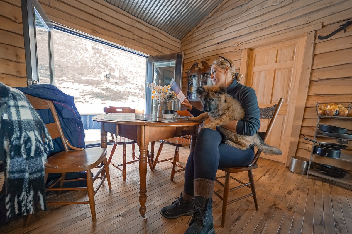 A warmly decorated cabin interior features a wooden dining table surrounded by chairs. A person sits with a dog in their lap, while flowers in a vase adorn the table. Large windows provide daylight and views of the surrounding landscape.