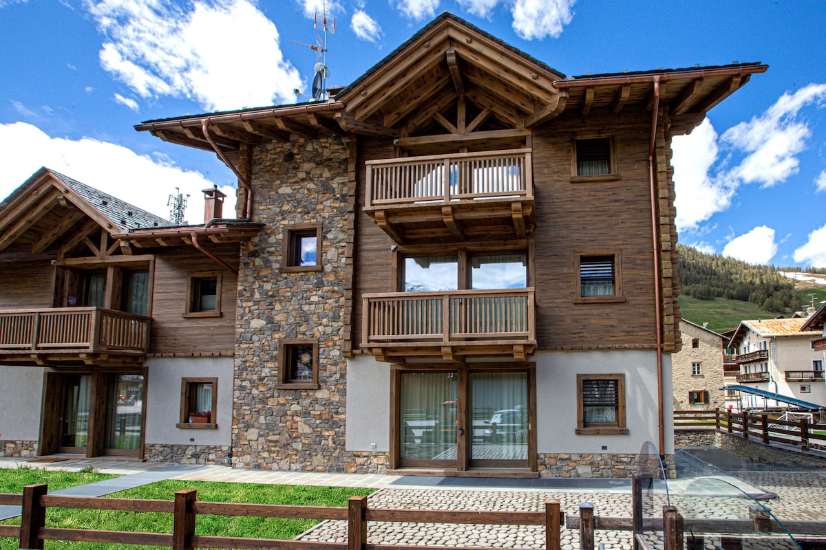 The exterior of the building showcases a blend of stone and wooden architecture. Multiple balconies are visible, framed by rustic features. A well-maintained lawn and a cobblestone pathway lead to the entrance, with scenic mountains in the backdrop under a clear blue sky.