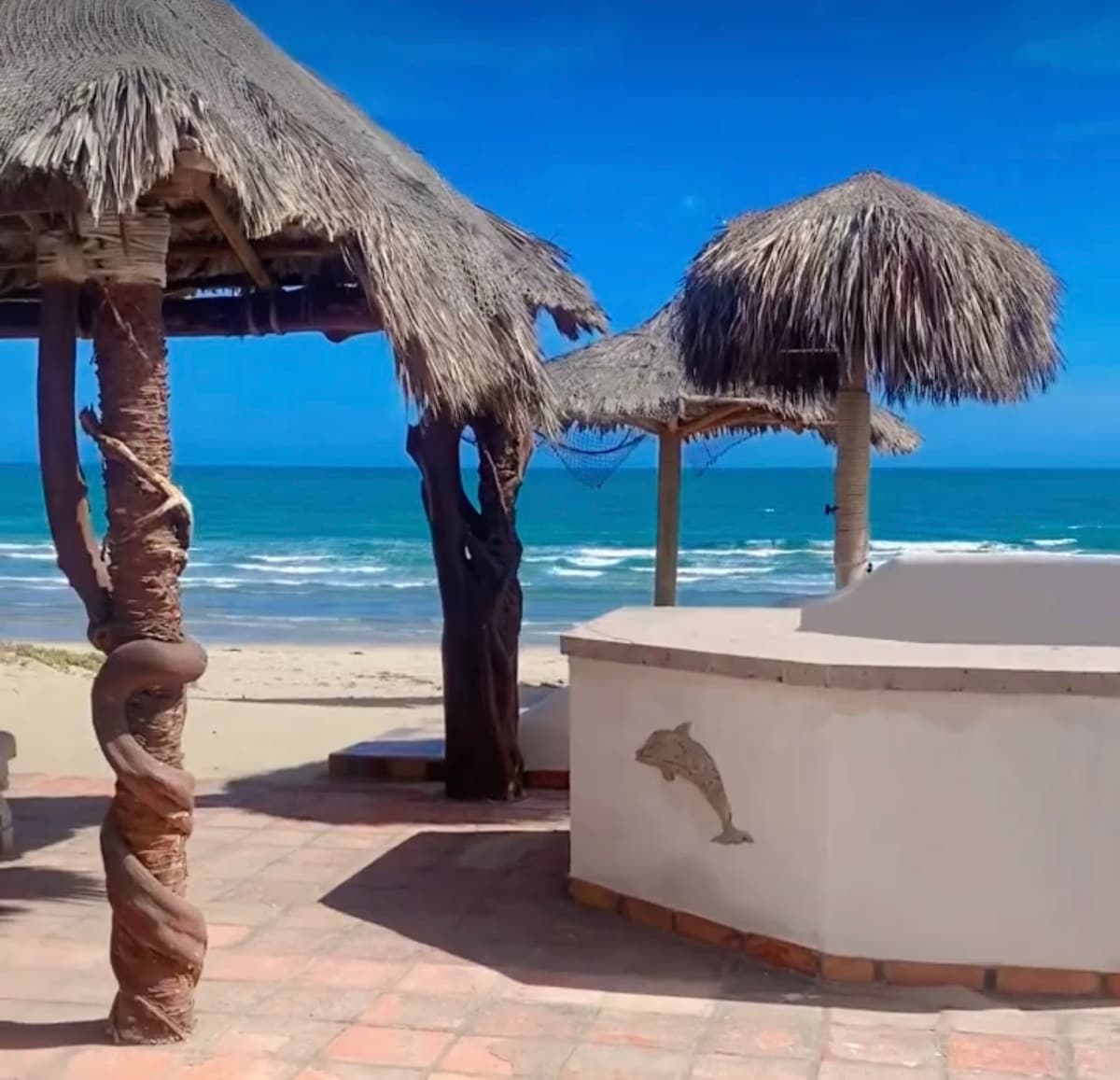 Two thatched-roof palapas provide shade by the beachfront, with wooden trunks featuring natural textures. A stone wall with a dolphin motif is visible, complementing the coastal view of the Sea of Cortez. The sandy beach stretches towards the horizon beneath a clear blue sky.
