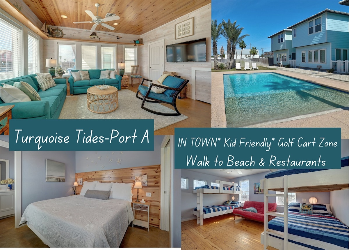 A spacious living area features turquoise furnishings with a ceiling fan overhead, promoting a relaxed environment. An inviting outdoor pool is visible beyond large windows. Bedrooms are showcased, including a king bed and a bunk room with multiple beds, highlighting comfort and family-friendly accommodations.