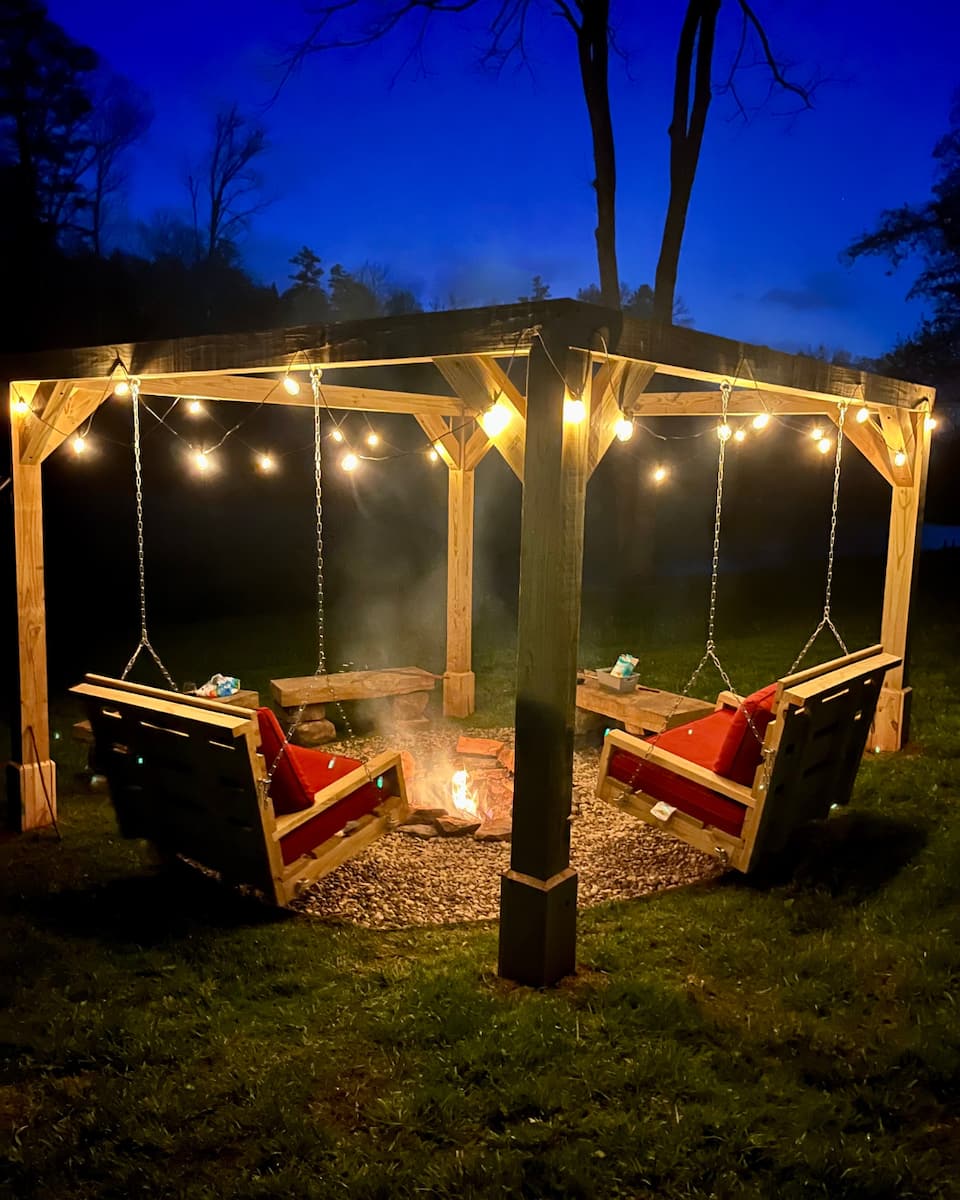 Push off in the hanging swing, warm your hands by the fire pit, and watch the string lights take over as the sky goes dark