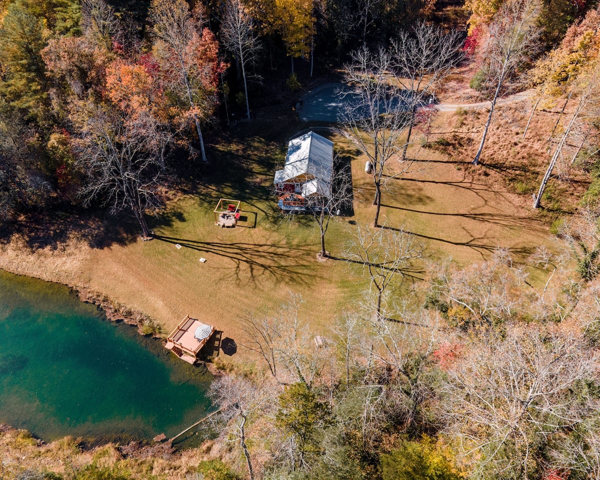 Aerial view of The Rustic Ruby, the fire pit, and the private dock