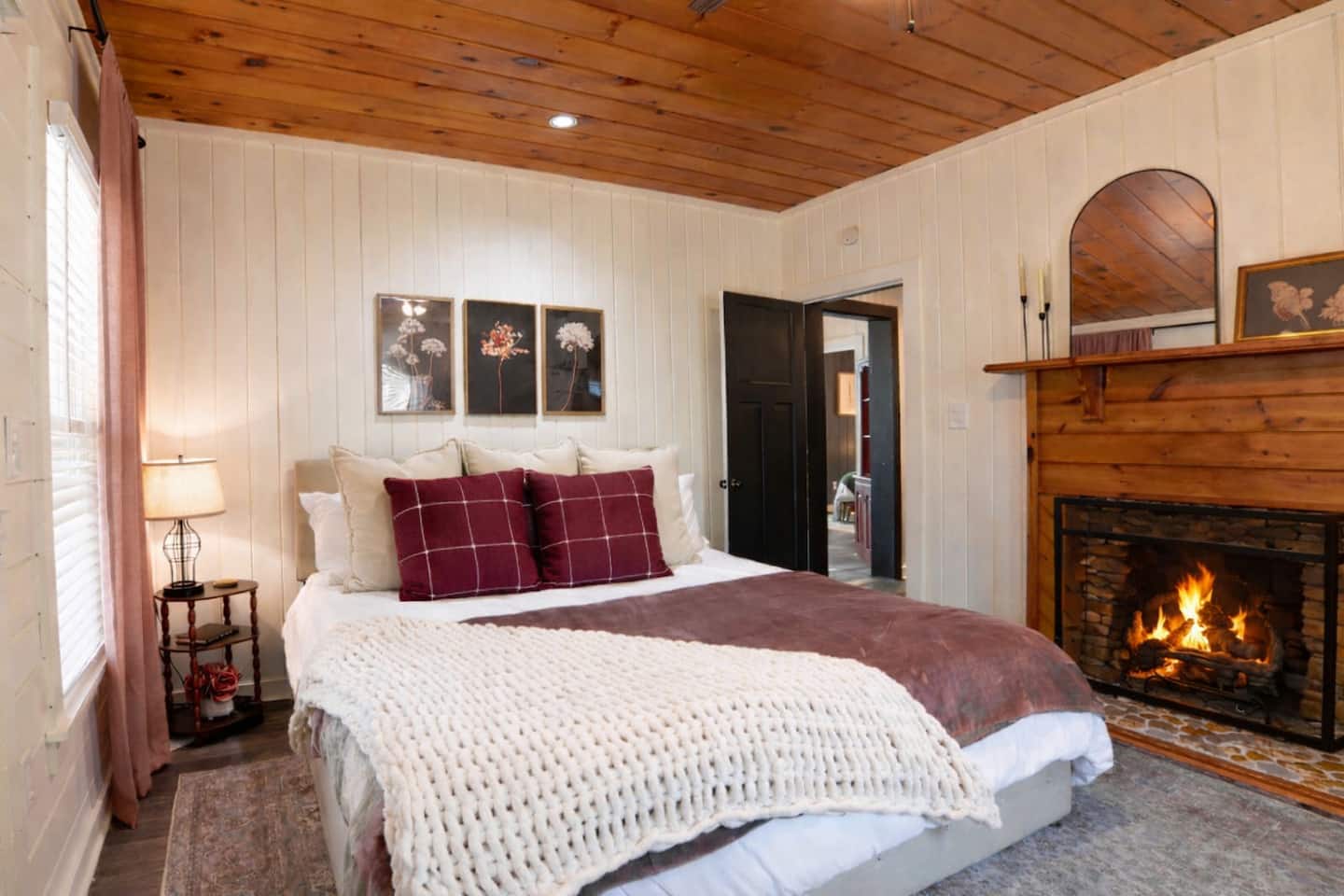 Fall asleep to a crackling stone fireplace right in your own bedroom