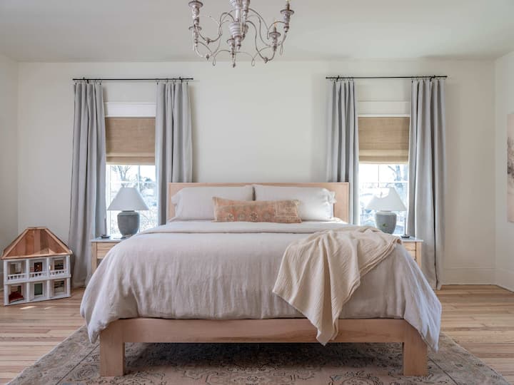 Second floor family bedroom - king bed and set of twin bunk beds and bathroom with soaking tub and separate shower