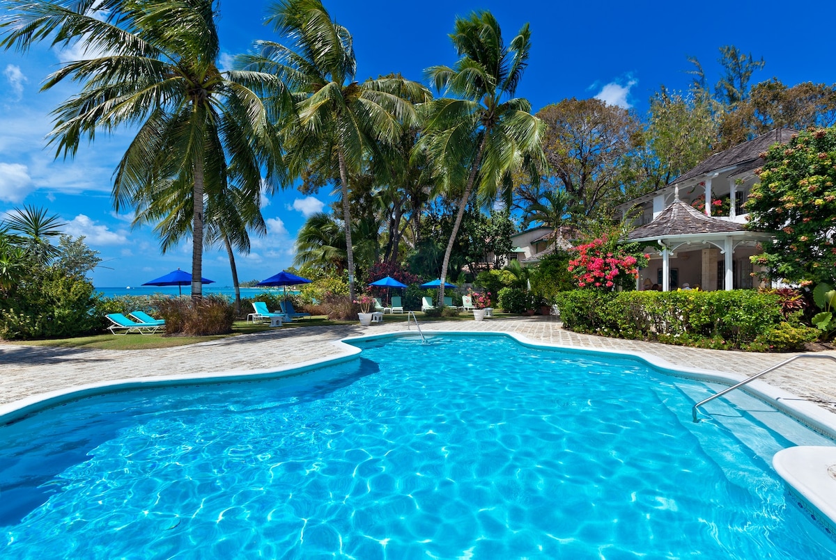 A large saltwater pool is framed by lush tropical landscaping and palm trees. Colorful umbrellas provide shade over lounge chairs, while vibrant flowers add a touch of color. The clear blue water reflects the sunny sky, creating a serene outdoor space near the beach.