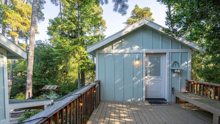 Gornja terasa između glavnog lofta i ulaza u gostinjsku kuću na drugom katu. Fotografija je snimljena sa stražnjih vrata lofta koja gledaju na vrata kuće za goste.