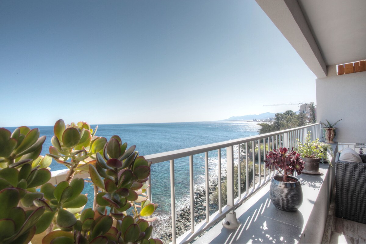 A spacious terrace features a railing overlooking the sea, with various plants placed along the edges. The tranquil blue water reflects sunlight, while the coastline stretches into the distance under a clear sky.