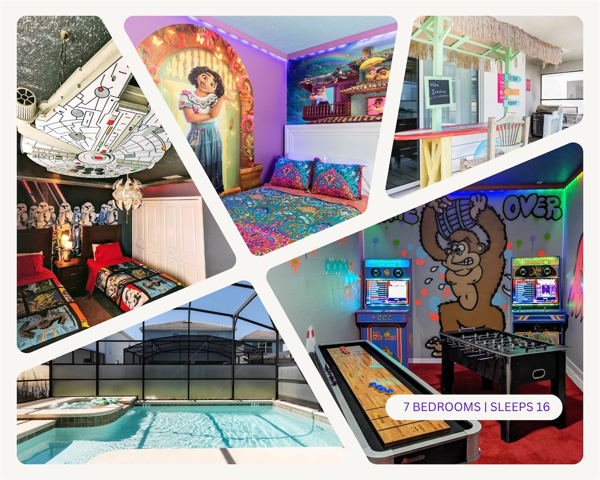 A collage of vibrant images showcases various themed elements of the home. The upper left features a colorful wall mural. The upper right reveals a well-stocked kitchen. The center displays a inviting pool view, while the lower segments highlight themed bedrooms and a game area filled with arcade machines.