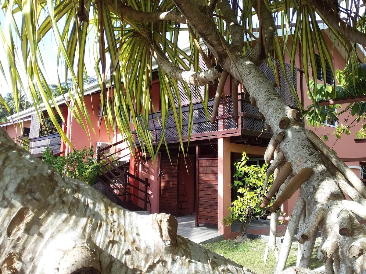 A two-story lodge is framed by lush tropical foliage, highlighting its warm exterior painted in soft hues. The entrance is accessible via a pathway, with wooden stairs leading to the upper level. The surrounding greenery enhances the serene ambiance of the property.