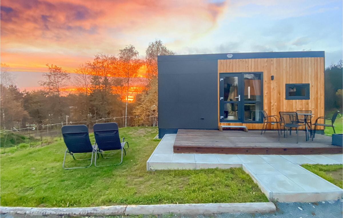 A modern Tiny House showcases a blend of wood and dark exterior finishes. In the foreground, two loungers are positioned on a grassy area, while a wooden terrace provides space for outdoor seating. A vibrant sunset with hues of orange and purple illuminates the backdrop.