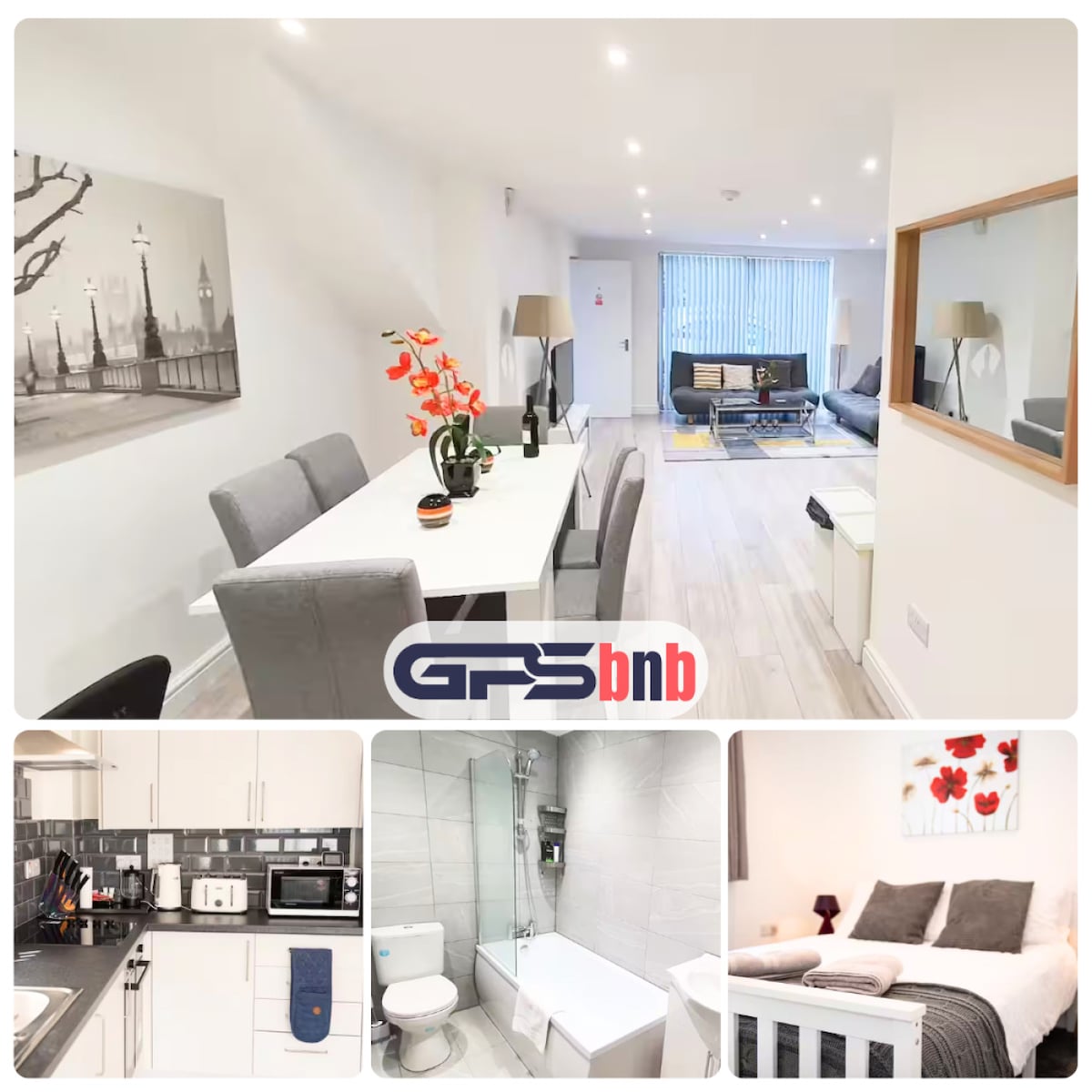 A modern dining area features a rectangular table surrounded by four grey chairs, with artwork depicting a cityscape on the wall. The inviting living space is visible in the background, showcasing a comfortable sofa and natural light from floor-to-ceiling windows.