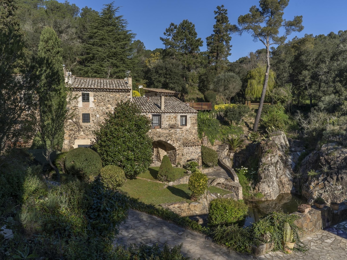 The exterior of the farmhouse is presented, displaying its stone architecture and charming landscape. A lush garden surrounds the property, featuring neatly trimmed shrubs and trees. A small private lake and waterfall enhance the peaceful atmosphere, with stone pathways leading through the vegetation.