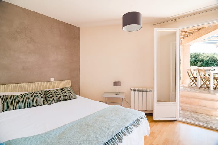 Spálňa 2 s kvalitnou posteľnou bielizňou a vlastným prístupom do záhrad