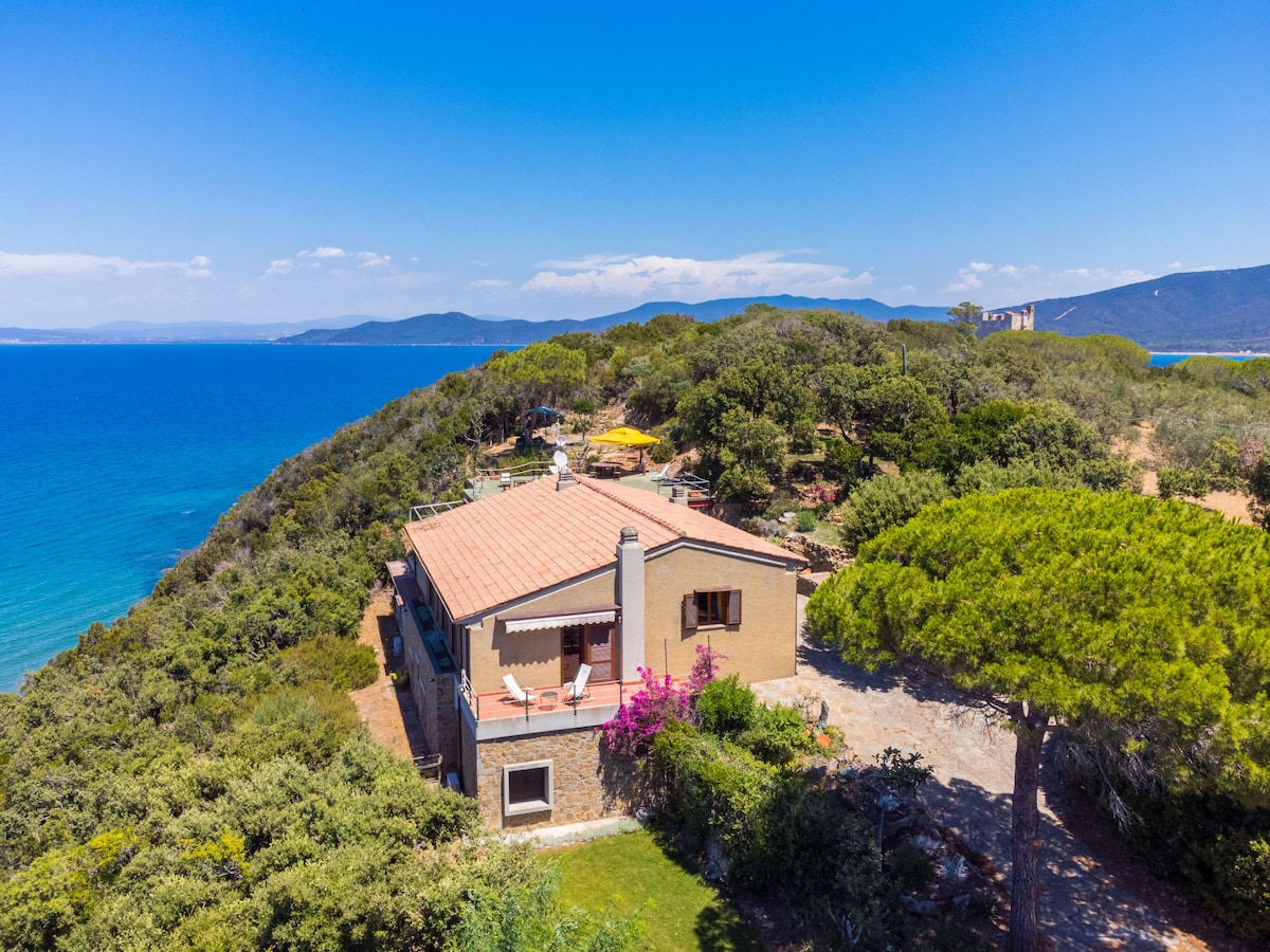 A villa is positioned on a hilltop, surrounded by greenery, with views of the sea and distant mountains. The two-story building features a tiled roof and terraces, while vibrant purple flowers add color to the outdoor area.
