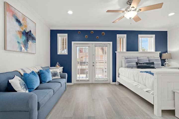 King bed with memory foam mattress. A sleeper sofa and outdoor seating. 