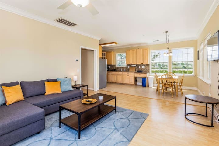 غرفة معيشة بيت الضيف وتناول الطعام والمطبخ.