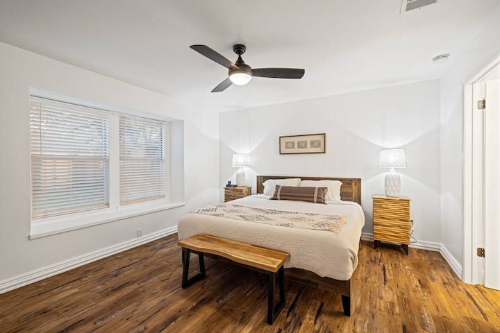 King size bed with memory foam, located on the first floor (Not pictured, large screen Smart TV).
