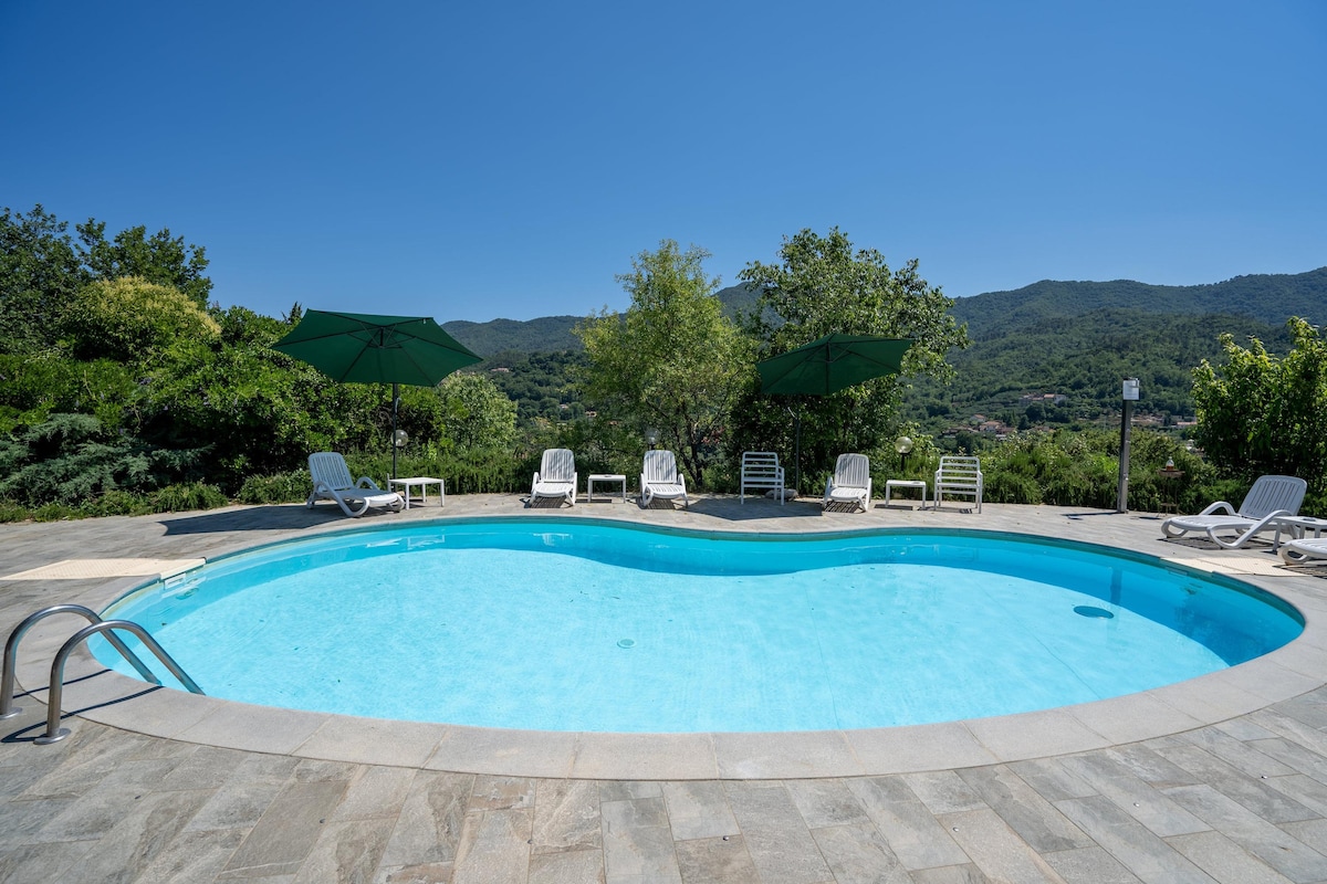 An outdoor pool is surrounded by stone paving and several lounge chairs, with green umbrellas providing shade. Lush greenery and trees dot the background, while gentle mountain slopes are visible in the distance under a clear blue sky.