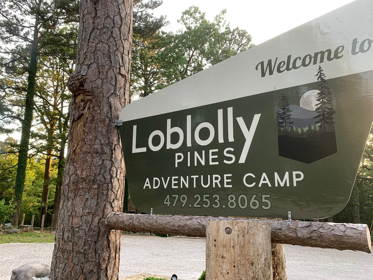 A welcoming sign for Loblolly Pines Adventure Camp is prominently displayed amidst tall trees. The sign features the camp’s name and contact number, set against a natural backdrop of greenery and gravel, inviting visitors to explore the area.
