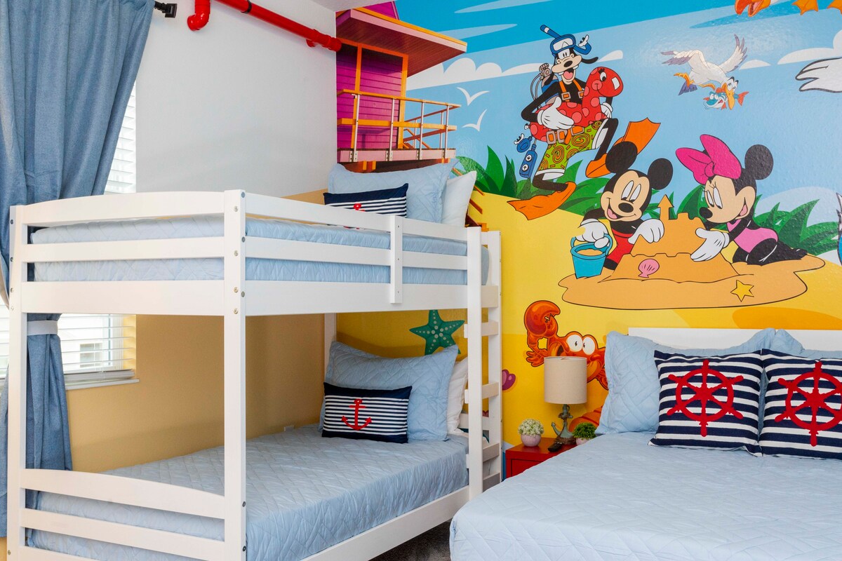 Welcome to the kids' room adorned with delightful Mickey Mouse decor and a bunk bed and a queen sized bed for every kids comfort! —a magical space designed to turn vacation time into an enchanting experience for your little ones. 