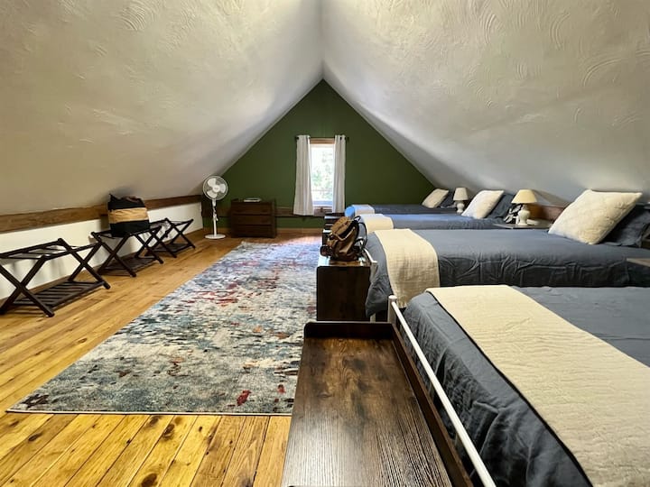 Hii sio nyumba; bila shaka husahau watoto! "Chumba cha Kijani" kikubwa mwishoni mwa ukumbi huwa na vitanda 4 pacha kila kimoja na magodoro ya Helix.