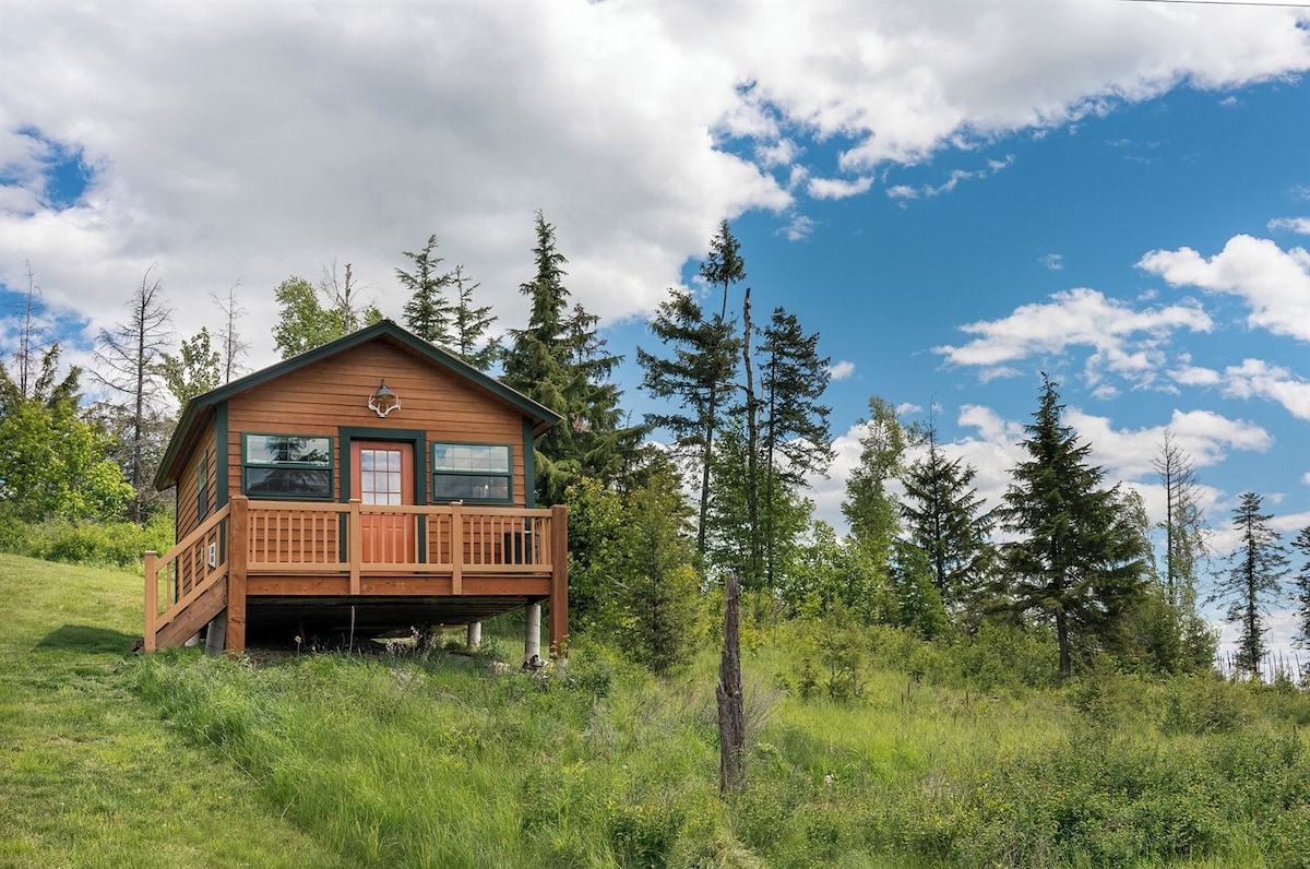 A charming wooden cabin is situated on a green hillside, surrounded by trees and grass. Large windows provide ample natural light and are framed by a welcoming porch, enhancing the connection to the tranquil outdoor setting under a blue sky with scattered clouds.