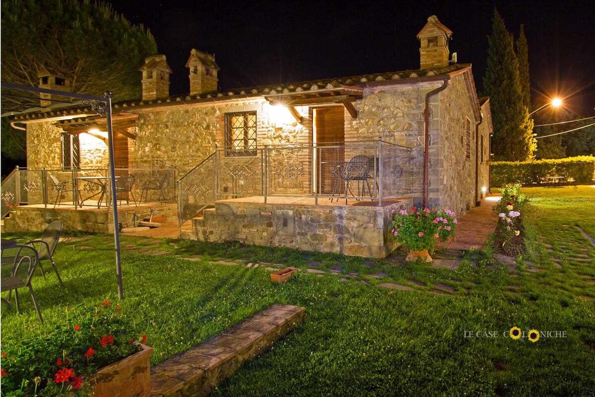 A rustic stone building is illuminated at night, showcasing a charming entrance with a small terrace. The well-maintained lawn features colorful flowers and a pathway, while unique chimneys add character to the traditional architecture.