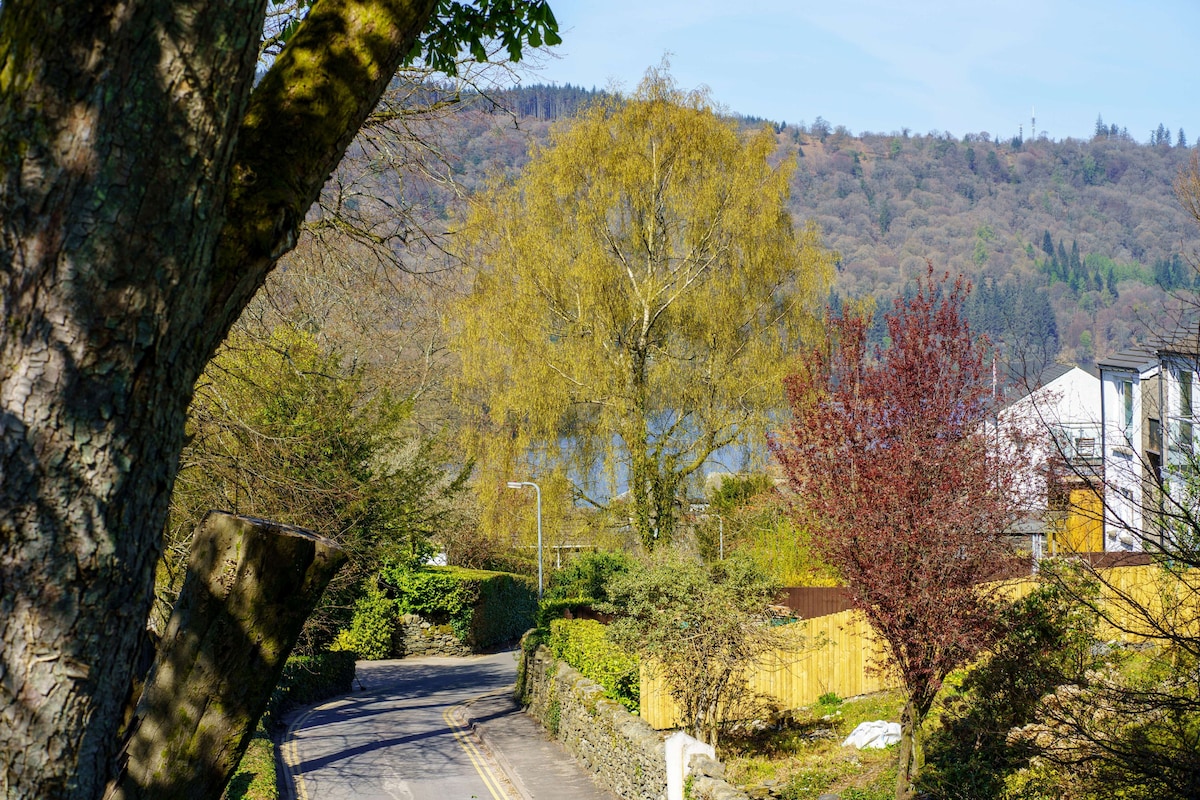 A winding road is framed by lush trees and shrubs, leading towards a backdrop of rolling hills. The scene is complemented by glimpses of distant greenery and hints of the lake in the distance, creating a serene environment en route to the accommodation.
