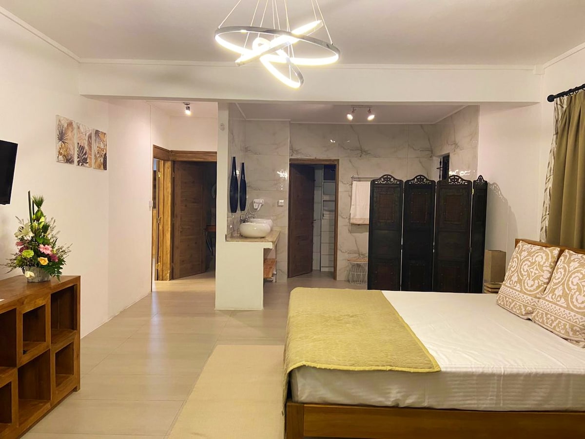 A spacious bedroom is presented with a large bed adorned with decorative pillows. A stylish light fixture hangs above, while wooden cabinets and a small flower arrangement add warmth. The en-suite bathroom is visible, featuring modern amenities in a light-colored decor.