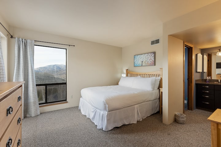 Chumba cha kulala cha msingi kilicho na kitanda cha ukubwa wa kifalme, televisheni mahiri na bafu la chumbani. 