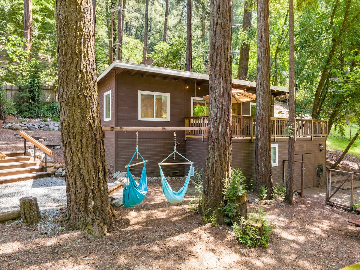 A charming home is nestled among tall redwood trees, featuring a deck and outdoor seating area. Two hammock chairs are suspended nearby, inviting relaxation. The surrounding landscape is adorned with natural foliage and gravel paths, creating a peaceful and serene environment.