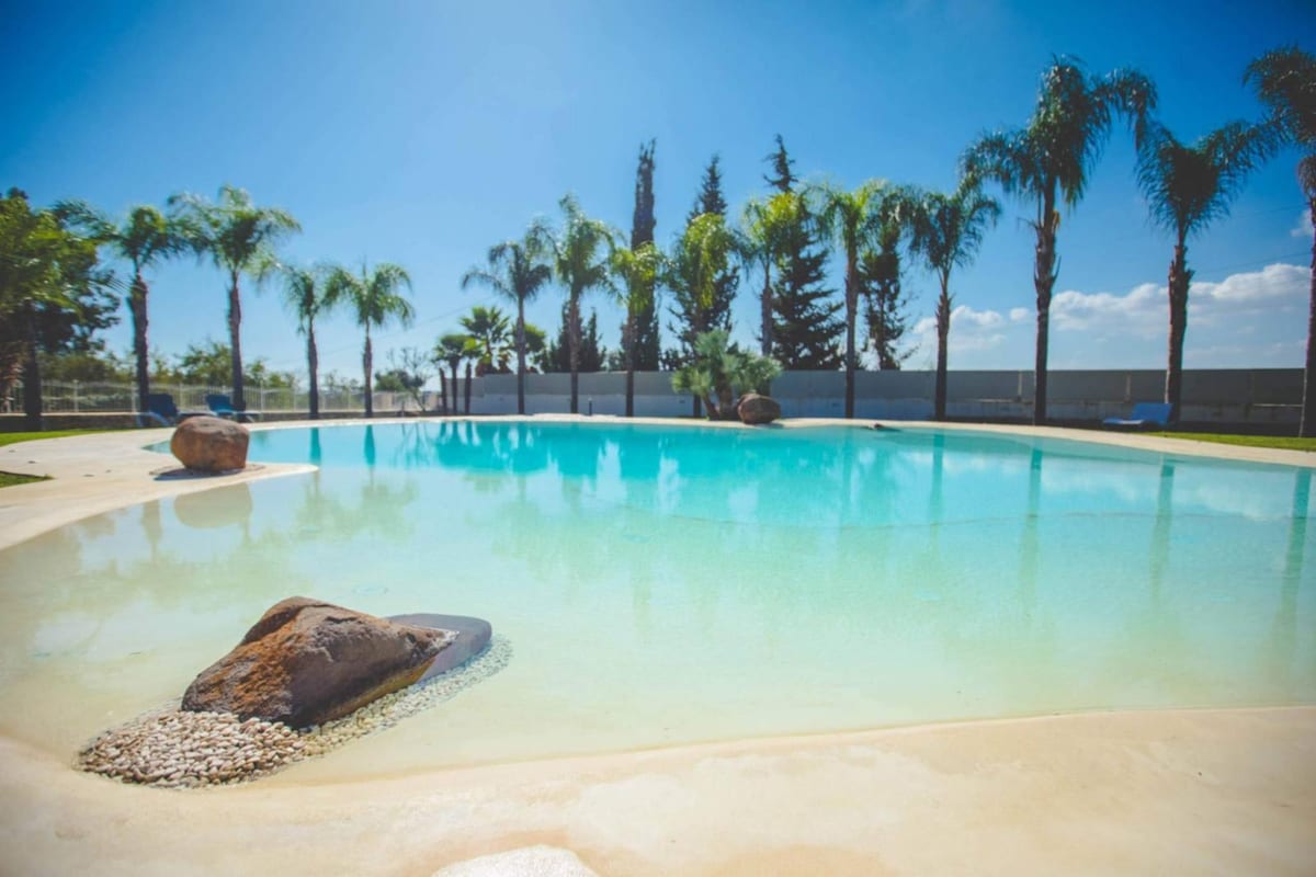 A chlorine-free swimming pool, featuring a natural design, is surrounded by palm trees and lush greenery. The pool reflects the blue sky, with a shallow sandy area leading into deeper water, creating a relaxing oasis in the garden.