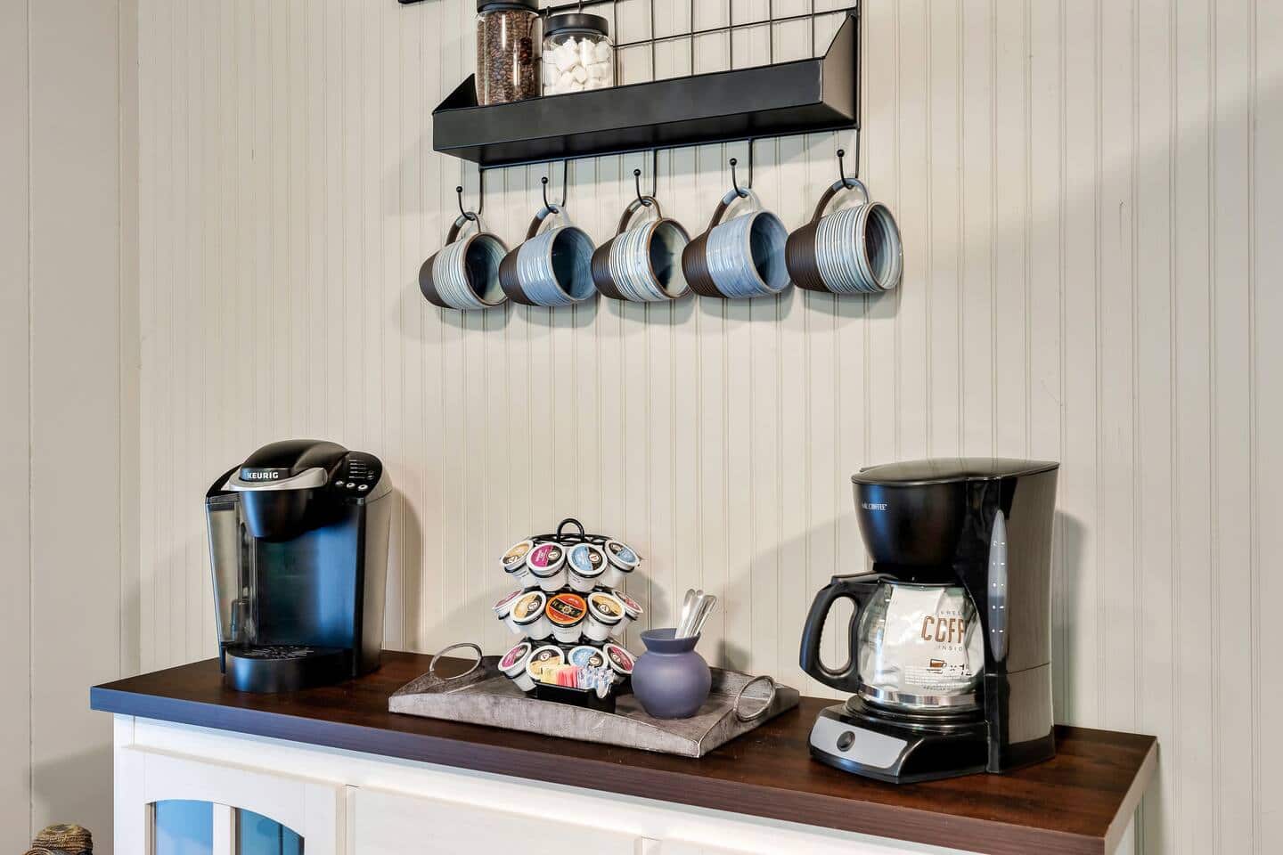 Coffee bar with Keurig, drip coffee maker and mug rack
