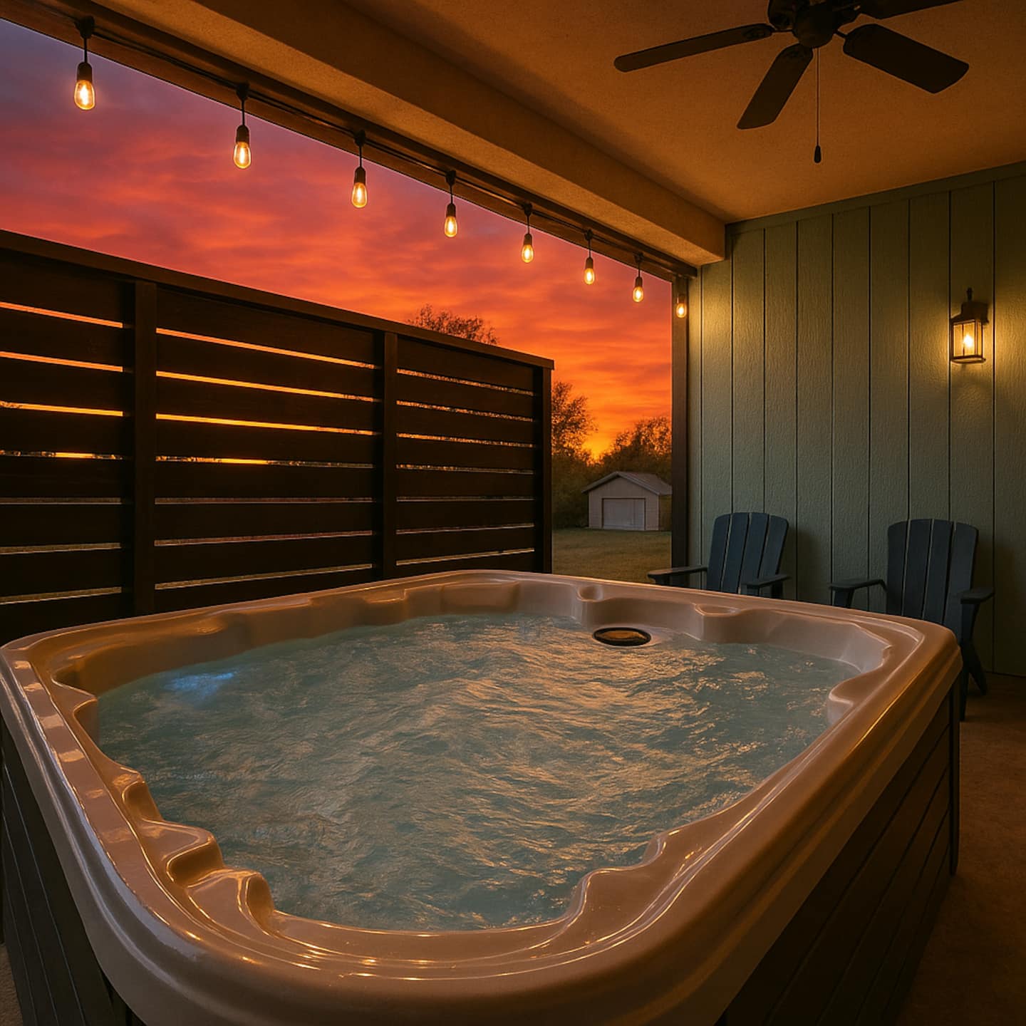 Six-person hot tub at sunset, covered, behind a slatted privacy screen