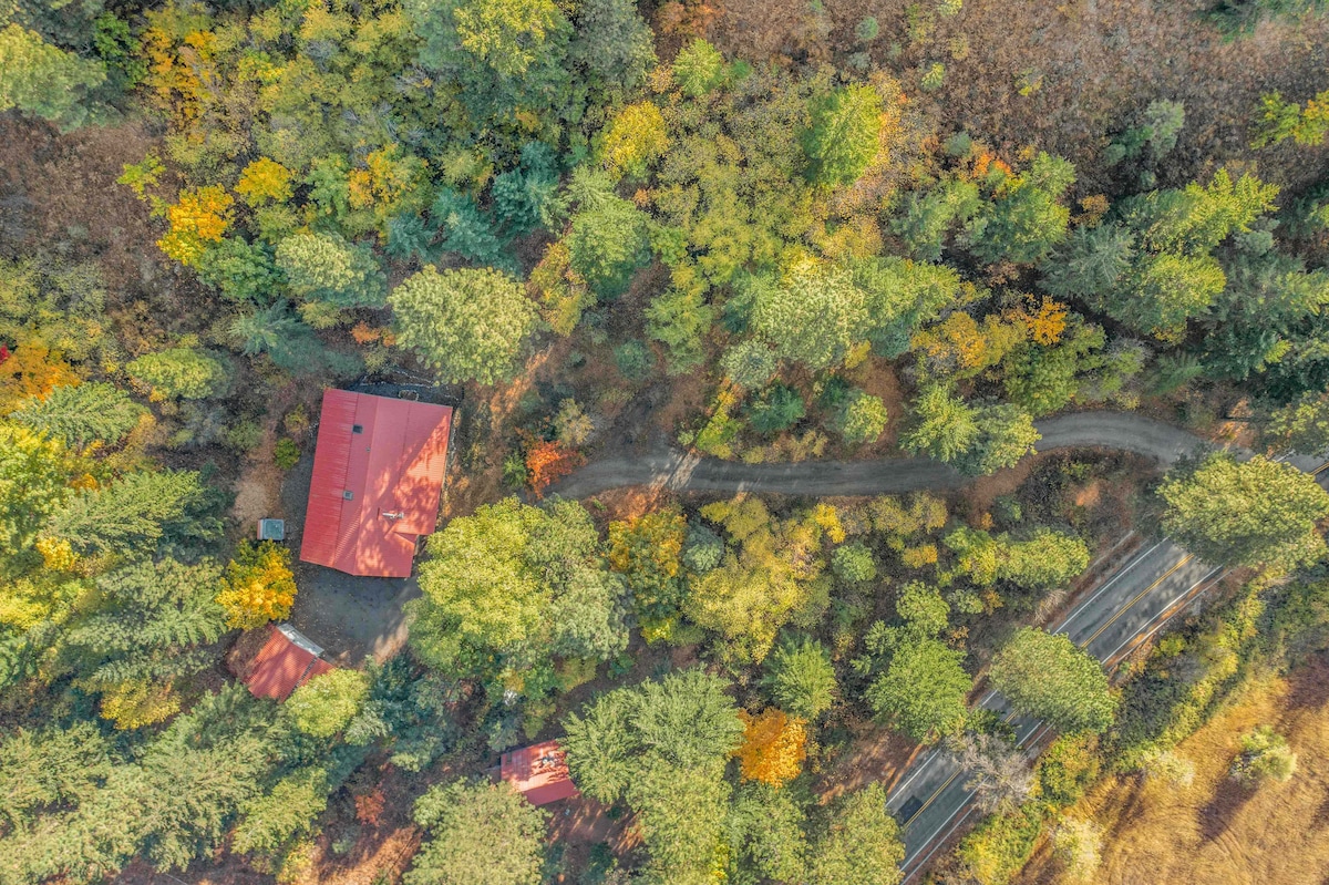 An aerial view captures the cozy log cabin nestled among a vibrant array of trees in various fall colors. A winding path leads to the cabin, surrounded by lush greenery and hints of seasonal warmth, providing a sense of seclusion in a natural setting.