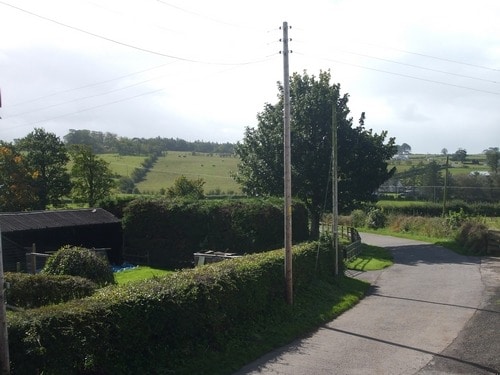 A rural landscape is displayed, featuring rolling green fields dotted with livestock. A quiet side road curves gently through the scene, bordered by hedges and trees. A black structure and a sheltered area are visible among the greenery, contributing to the farm's tranquil ambiance.
