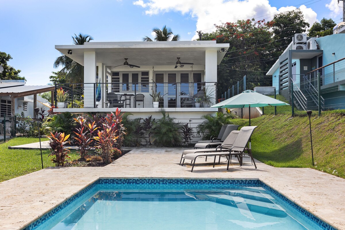 The villa's exterior features a well-maintained pool surrounded by a tiled deck and lounge chairs. A spacious terrace is visible above, adorned with ceiling fans and outdoor seating. Lush greenery and tropical plants add color to the landscape, while a bright umbrella provides shade.
